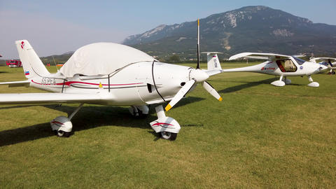 Light sport airplanes on grass, bush airport