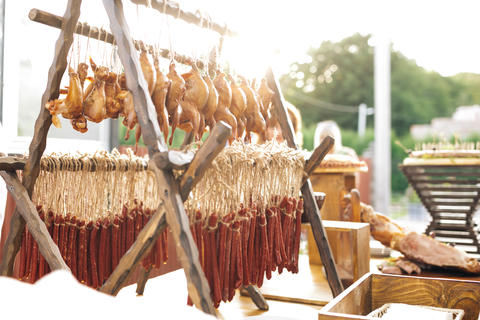 Large pieces of meat are baked and fried. Barbecue ham hock smoked meat grilled