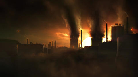 Dystopic Sci-Fi Concept Shot of Heavy Industry Causing Climate Change and Air Pollution