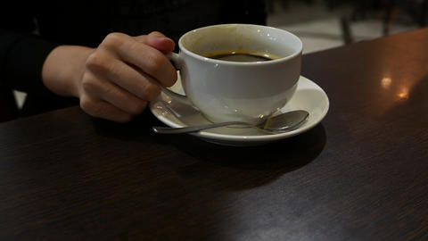 Woman take sip from big cup of coffee drink, close up mug