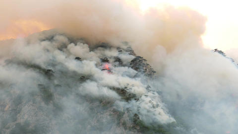 Wild fire over mountain forest near Lake Piva in Montenegro in August of 2021