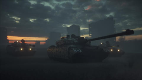 War in the ruined city. Military tanks in the ruined city