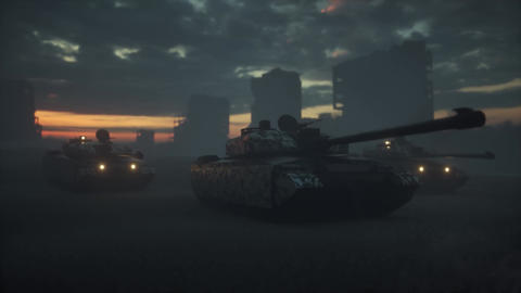 Military tanks in the ruined city. War in the ruined city