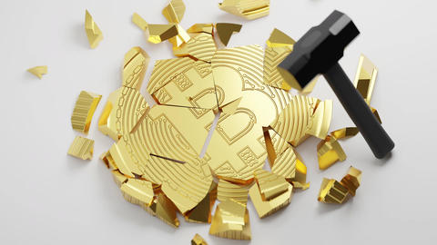 3D rendering gold Bitcoin Break down with hammer fall, Cryptocurrency investment technology digital