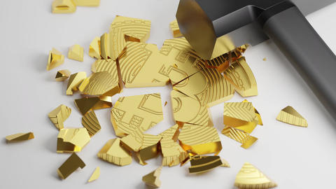 3D rendering gold Bitcoin Break down with hammer fall, Cryptocurrency investment technology digital