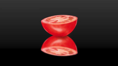 The tomato half swings on a reflective red or black background With Mask channel Seamless loop 4k