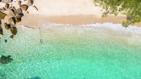 Beautiful 4K tropical beach aerial - a bird's eye view of ocean waves crashing