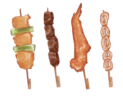 Mid-Autumn Festival. Kebabs. Barbecue. Izakaya. skewers.Beef skewers.Chicken wings.Illustration