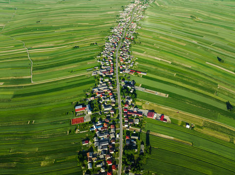 Aerial view of decorative ornaments of diverse green fields and houses arranged