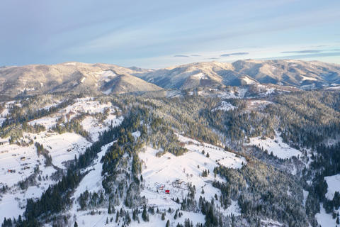 Aerial view of a fabulous snow-covered forest on the slopes of the mountains