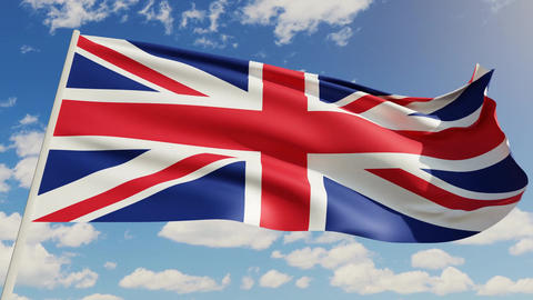 United Kingdom flag on blue sky background. Realistic 3D rendering
