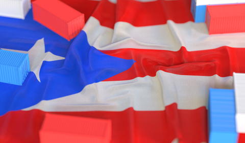 Cargo containers and flag of Puerto Rico, production or cargo delivery related