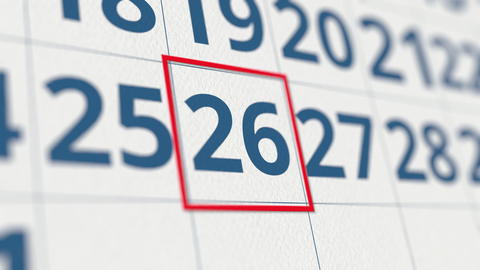 Calendar with marked 26 day of the month close-up. 3D rendering