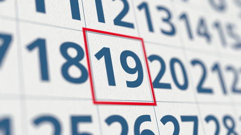 Calendar with marked 19 day of the month close-up. 3D rendering