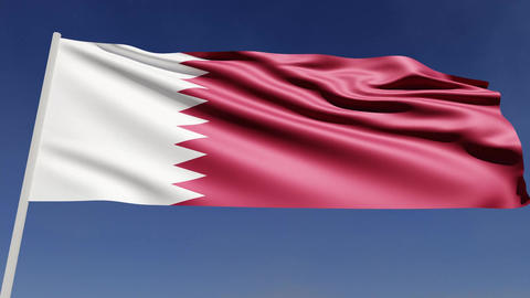 Flag of Qatar is flying in the wind on the blue sky. Realistic 3D rendering