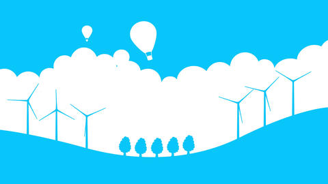 Wind turbines and balloons in nature landscape motion graphics