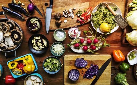Different types of colorful vegetable on the rustic table