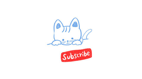 Hand drawn animation of cute cat pressing subscribe button on white background