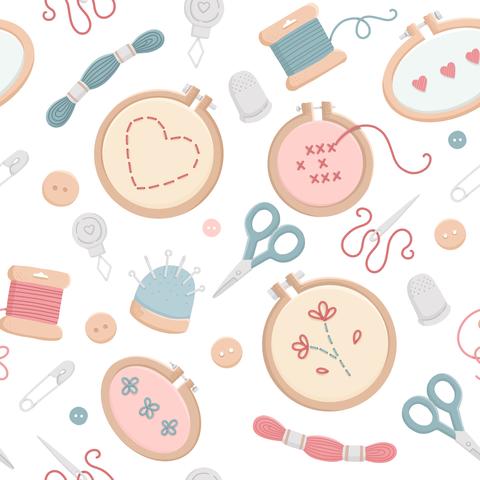 Seamless pattern with embroidery, needle and pin
