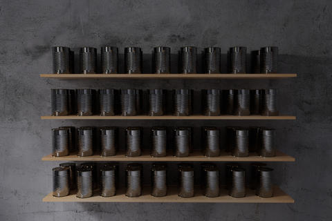 3d rendering of tin cans closely spaced on wooden shelf
