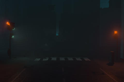 3d rendering of urban foggy scene with illuminated traffic light