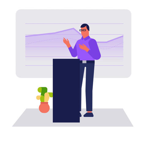 Speaker pointing at presentation during business seminar. Office worker showing report