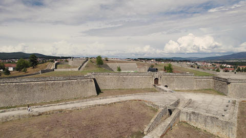 Defensive walls of Chaves fortress in Portugal. Aerial drone view