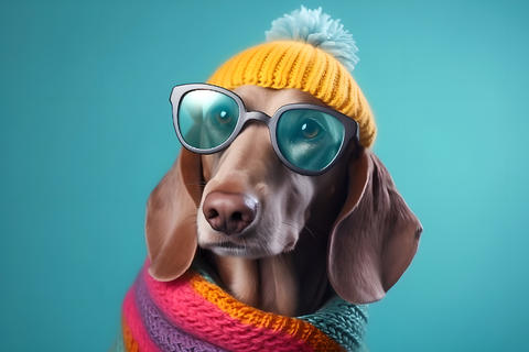 Cool dachshund dog in glasses, sweater and hat with bubo