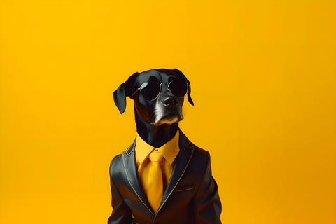 Stylish cool dog in a black business jacket, suit and black glasses as a