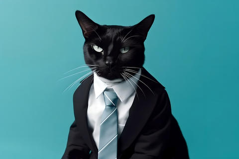 Stylish fashionable business cat in a black jacket and tie on a blue pastel