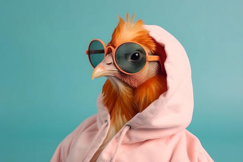 Cool chicken in pink pastel hoodies and glasses