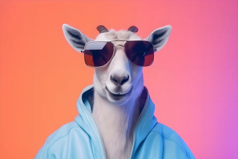 Cool goat with horns in a blue hoodie jacket and sunglasses
