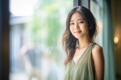 Woman standing by the window with a smile on her face