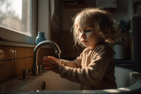 A child happily washing his hands