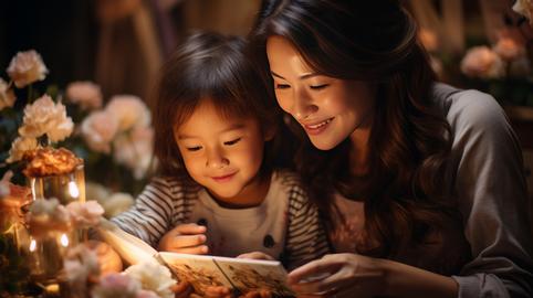 mother and daughter spending time together, while reading a bedtime story