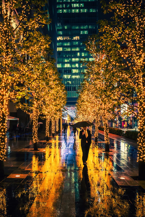A men with umbrella in illuminated alley at rainy night, Tokyo