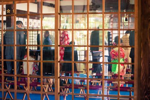 Japanese girl posing during Shichi-Go-San day at Oyama Jinja Shrine, Kanazawa