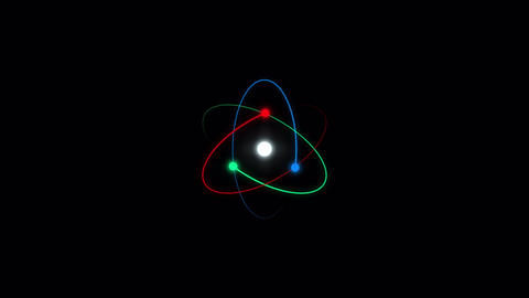 Atom molecule animation with proton, neutron, electron orbiting around nucleus