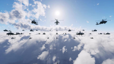 A squadron of military helicopters flying high above the