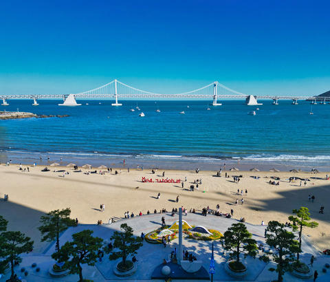 Aerial view of gwangalli beach and gwangandaegyo bridge, Busan, South Korea, Asia