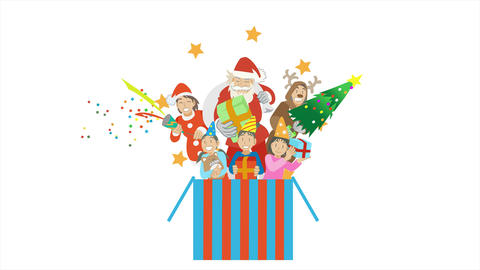 Santa Claus with children jumping out of the box
