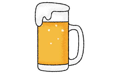 手描き風、アナログタッチの泡が溢れるビールジョッキ