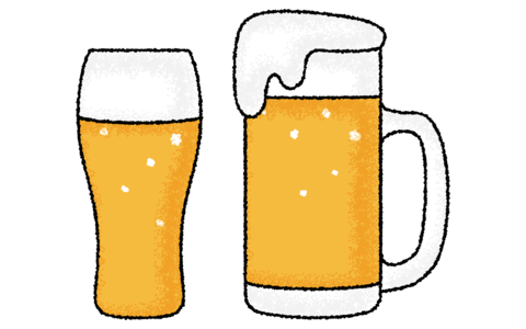 泡が溢れるビールジョッキとビールグラス、手描き風アナログタッチ