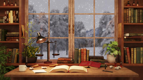 Snowy Window Study Room - Books Scale 스톡 애니메이션 28603863 | MotionElements