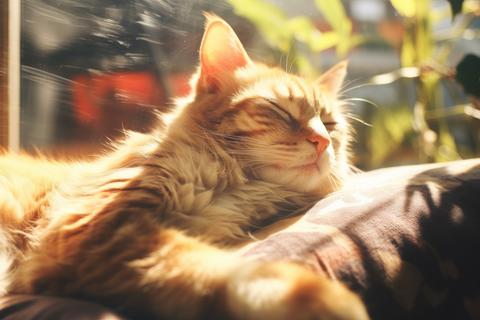 Portrait Of A lazy cat lying down in the sunny, napping and dreaming, AI