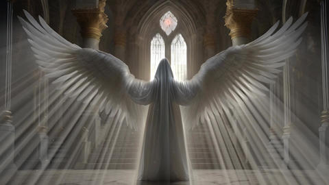 Hooded Angel spreading its wings in church. 2d 3d animation with particle effects