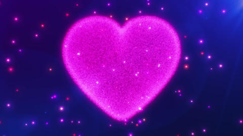 Shiny glitter pink purple beating heart. Glowing particles on dark blue
