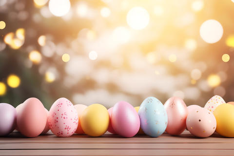 Vibrant Easter eggs on wooden table with bokeh background v4