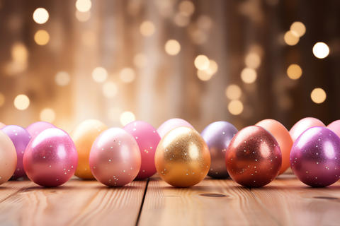 Vibrant Easter eggs on wooden table with bokeh background v5