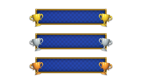Blue-based caption base with 3 types of gold, silver, and bronze trophies, short, 3D model